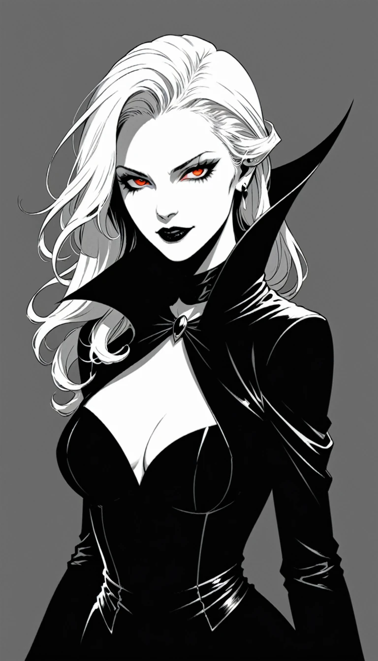 role conception,female,halfbody，Exaggerated arm movements with strong facial expressions，Unified monochrome color scheme，Emphasize the reverse tone，The Original Vampire Queen, Super Vampire Style, 1990's, retro, artist by Frank Miller, Trending on artstation，flat illustration,simple,solid color background, colorful illustrations,simple minimal,minimalist , style of behance,8K 