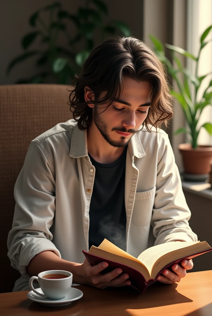 A boy is sitting a chair and reading a story book and there is a cup of tea and a lighting room on a table in front of him, and he is 18 year, he has medium beard and there body black t'shirt and white shirt there hair is a long