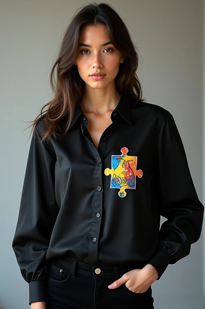 Create a black blouse , with the autism symbol on the chest , and on the back an art with the theme of autism 