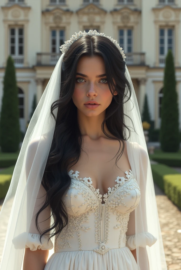 Beautiful Italian, 22 years old, long black hair and light blue eyes. She is wearing an old wedding dress with a white veil. behind her a luxurious mansion in Italy. The expression on his arrogant face, highlighted by his blue eyes