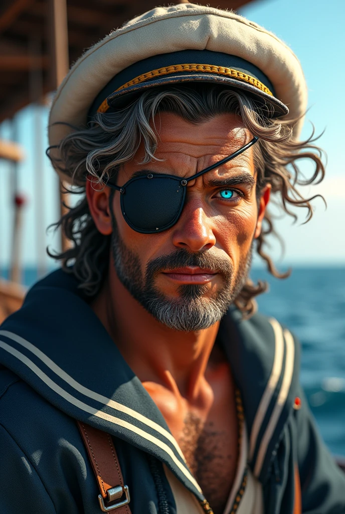 Imagine a sailor with a curly mullet hairstyle. The hair in the back is longer and curlier., while the front part is shorter. He is wearing an eyepatch over his right eye, giving it an air of mystery and adventure. His remaining eyes are an intense blue., shining with a vibrant hue. The sailor may be wearing a typical sailor uniform, with a striped shirt and a sailor hat, to complete the nautical look.