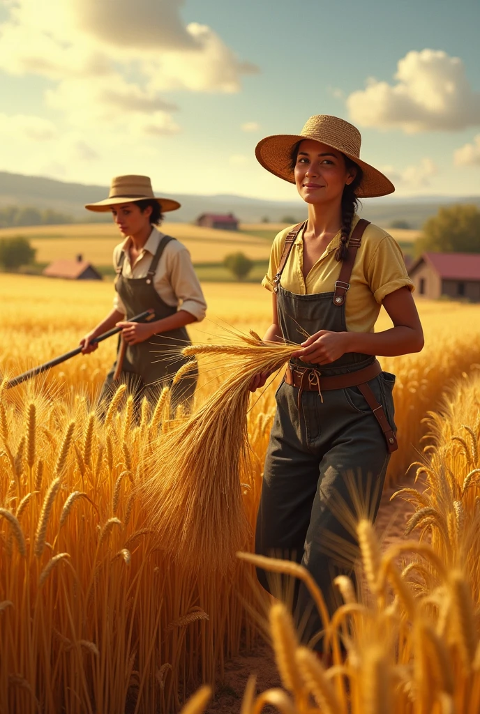 Women and men harvesting wheat from the land on a farm.