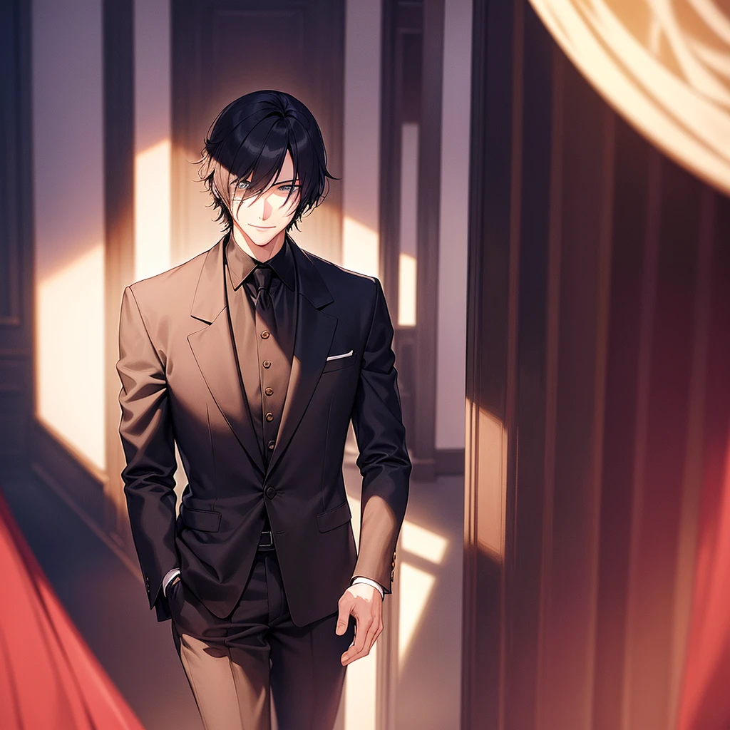 1really Tall Anime man, masterpiece, Shadow covering eye, (face silhouette), (head hidden by shadow), dark room, dark, formal clothes,elegant suit, vibrant shirt, high details, gorgeous, 4k,, no humans, cinematic, dramatic,contrast, floral background, sinister creepy degrading smile, blood,gore,