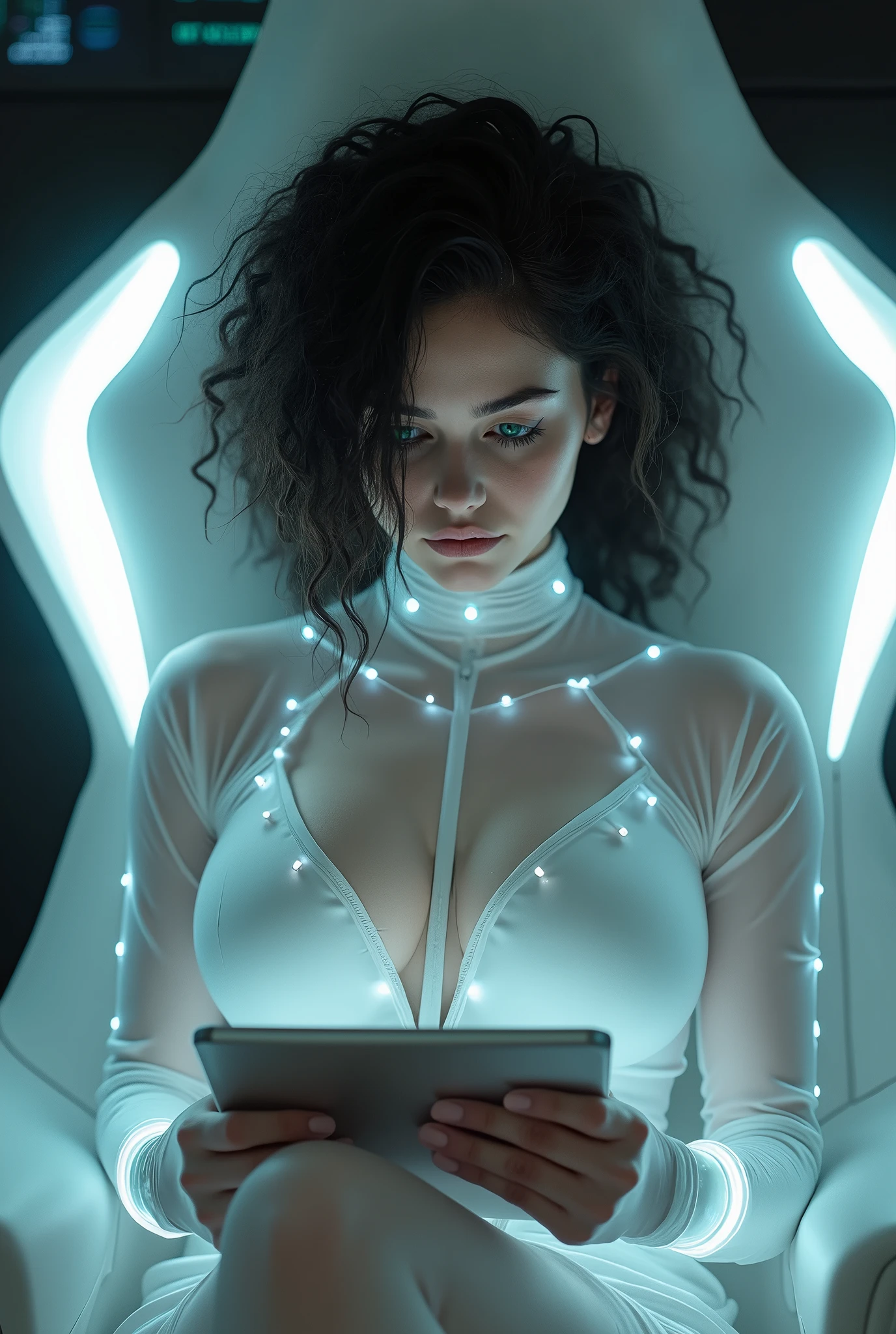 she is sitting in a futuristic armchair, reading a tablet, she is pensive, ((A very cute woman gets y futuristic white transparent thin cyberpunk micro clothes whith lights)). black very curly spiral short black hair, 40k, photography, masterpiece, best quality, dark grey background, (girl green eyes and gorgeous light black hair, beautiful perfect face, )). a beautiful Caucasian woman with big assull big bress, naked breasts ande skin legs ((perfect breasts :1.4)),((very soft br, ((white gloves)), Ultra-d face, Detailed eyes. in a futuristic spacecraft