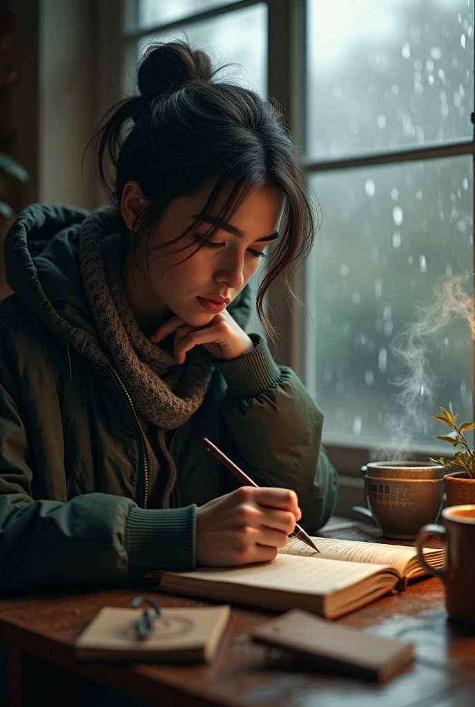 someone is holding a cup of coffee and a book in their hand, Writing in the Diary, story telling aesthetic, study, grunge aesthetic, aesthetic photo, rainy daytime outside, field notes, grunge aesthetic!!! (, notebook, on a rainy daytime, Vintage Aesthetics, rainy daytime, Beautiful picture, hyper-realism aesthetic, they be, lo-fi, eis-fi