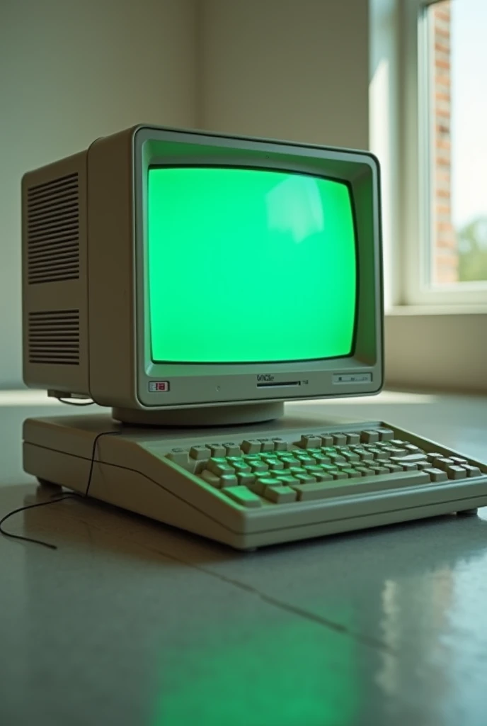 Make me a computer with a built-in screen from the 2000s with a green background