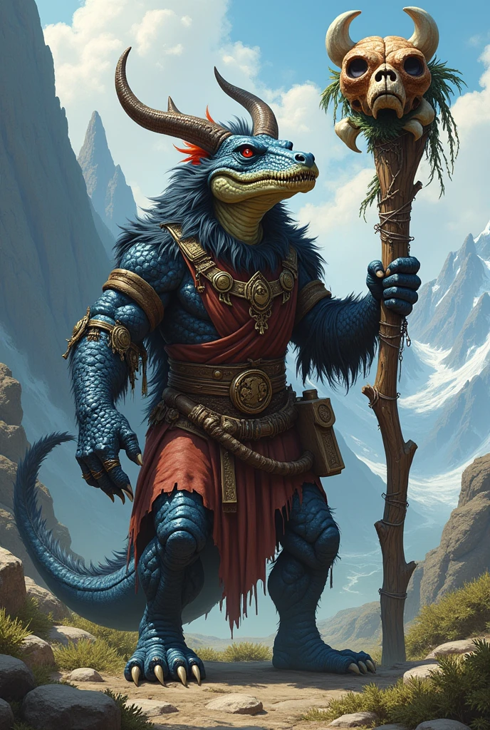 Create an RPG character, he is a kobold druid. Its scales are blue, the background resembles a mountain.
Make the character more humanoid and equip him with druid clothes.
Make him with his staff in hand Make the staff more magical He is a druid who enchants animals His appearance should be similar to a dragon He is small but fierce He has no wings His staff is that of a wizard, has the power of nature A big bear accompanies him His staff resembles polished wood Make him fierce He is a little taller His staff is made of ancient wood His scales have some touches of red His head resembles a crocodile His staff is magical and decorated with bones He has fangs He has no ears, has horns A skull with feathers is on the staff The bear looks like a spirit