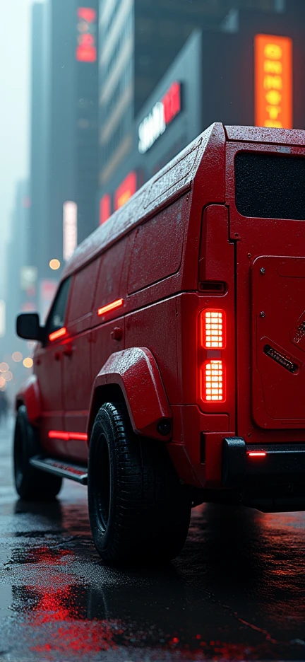 Create a smartphone wallpaper of a cyberpunk red Citroen armored van, Shallow depth of field、(masterpiece:1.3) (最high quality:1.2) (high quality:1.1)、Cinematic Light, ((Cinema Lighting),(Natural light),(High level of artistry),(artistic),(Indistinguishable quality from the real thing),RAW Photos,Genuine,Genuine,High resolution,RAW Photos,masterpiece, beautiful,