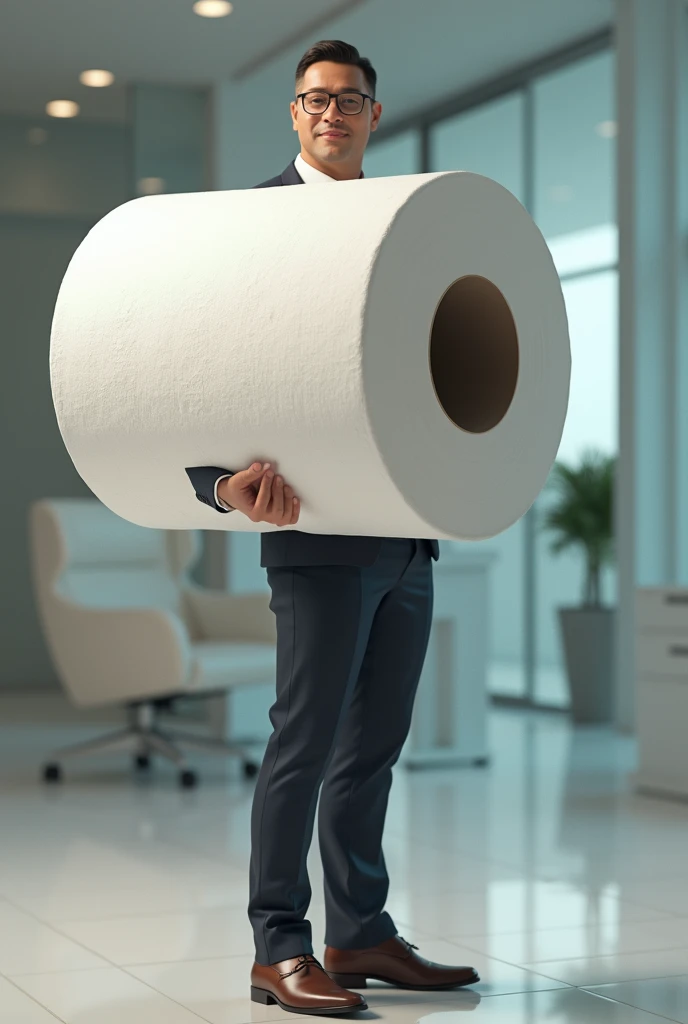 Businessman with jumbo roll toilet paper