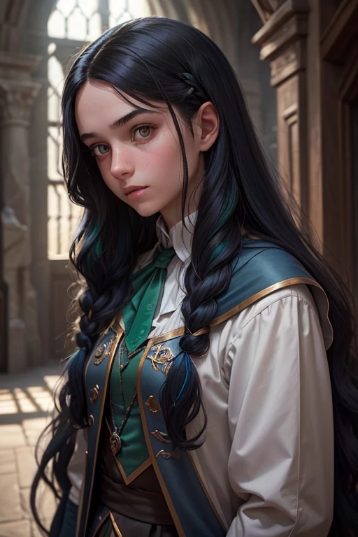 adolescent, 15 years, Long wavy black hair with a blue streak, grey eyes, White skin, parts, magical world, Hogwarts, Slytherin, Full uniform, The Noble and Most Ancient House of Black, Weirdsister College, Hija de Ethel Hallow, Nick Hobbes&#39; daughter, dark magic, potions, Realistic style, Best Quality, HD.