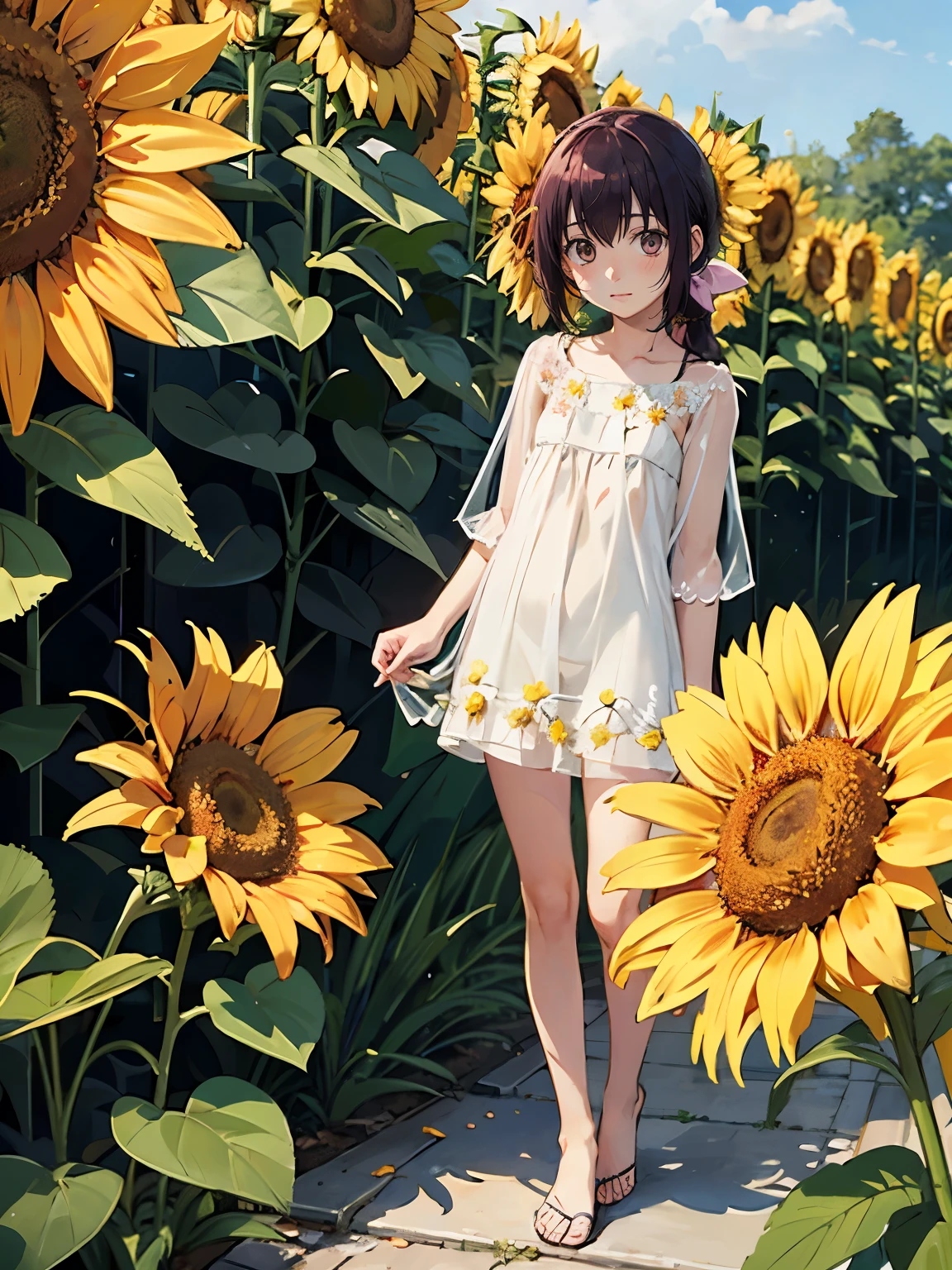 Realistic Skin, ，Ecstasy, Very short stature，Very thin thighs，13 years old，Small child:1.3，((Fully transparent:1.3) Sheer floral casual dress)，naked，outside，Midsommar Garden，Sunflower flowers，