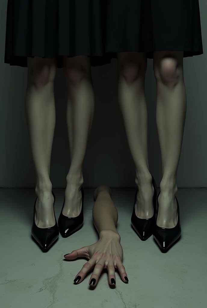 two woman's legs looking forward, with dark low-heeled heels, with a dress down to the legs, At the feet there is a man's hand, lying on the ground