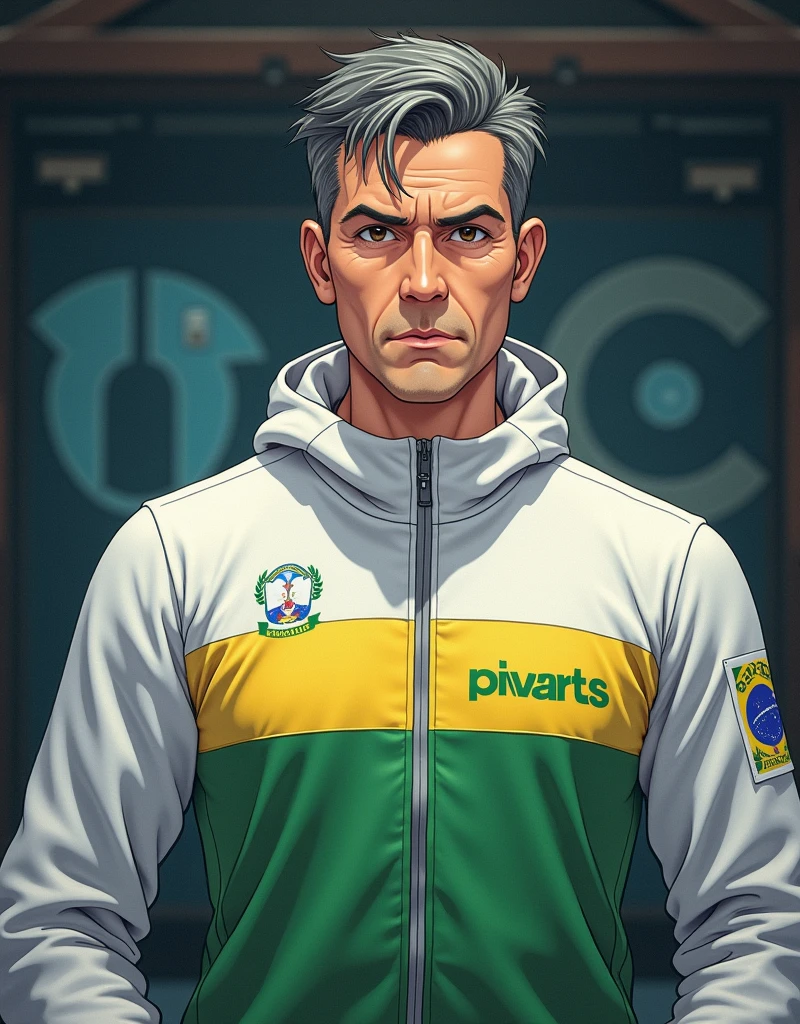 Yusuf Dikeç. ((Anime, Manga art-style) Brazilian native a (middle-aged) 50y male athlete, professional sports shooter pistol ar 10 Metres, White BRAZILIAN flag clothing, text “PIVARTS”, normal build, confident calm posture, strong defined facial features, expressive eyes, focus and determination, short slightly graying dark hair, shooting with both eyes open, minimalistic sports gear, subtle lighting, professional shooting range, more detail, enhanced, poakl.