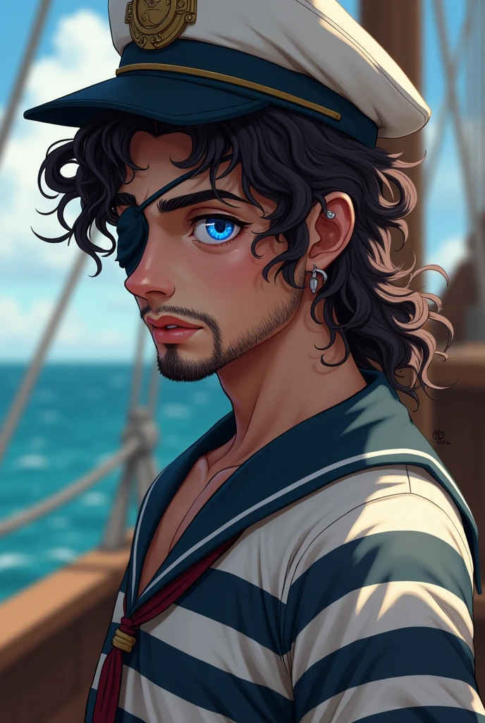 Imagine a 23 year old sailor with a curly mullet hairstyle. The hair in the back is longer and curlier., while the front part is shorter. He is wearing an eyepatch over his right eye, giving it an air of mystery and adventure. His remaining eyes are an intense blue., shining with a vibrant hue. The sailor may be wearing a typical sailor uniform, with a striped shirt and a sailor hat, to complete the nautical look.