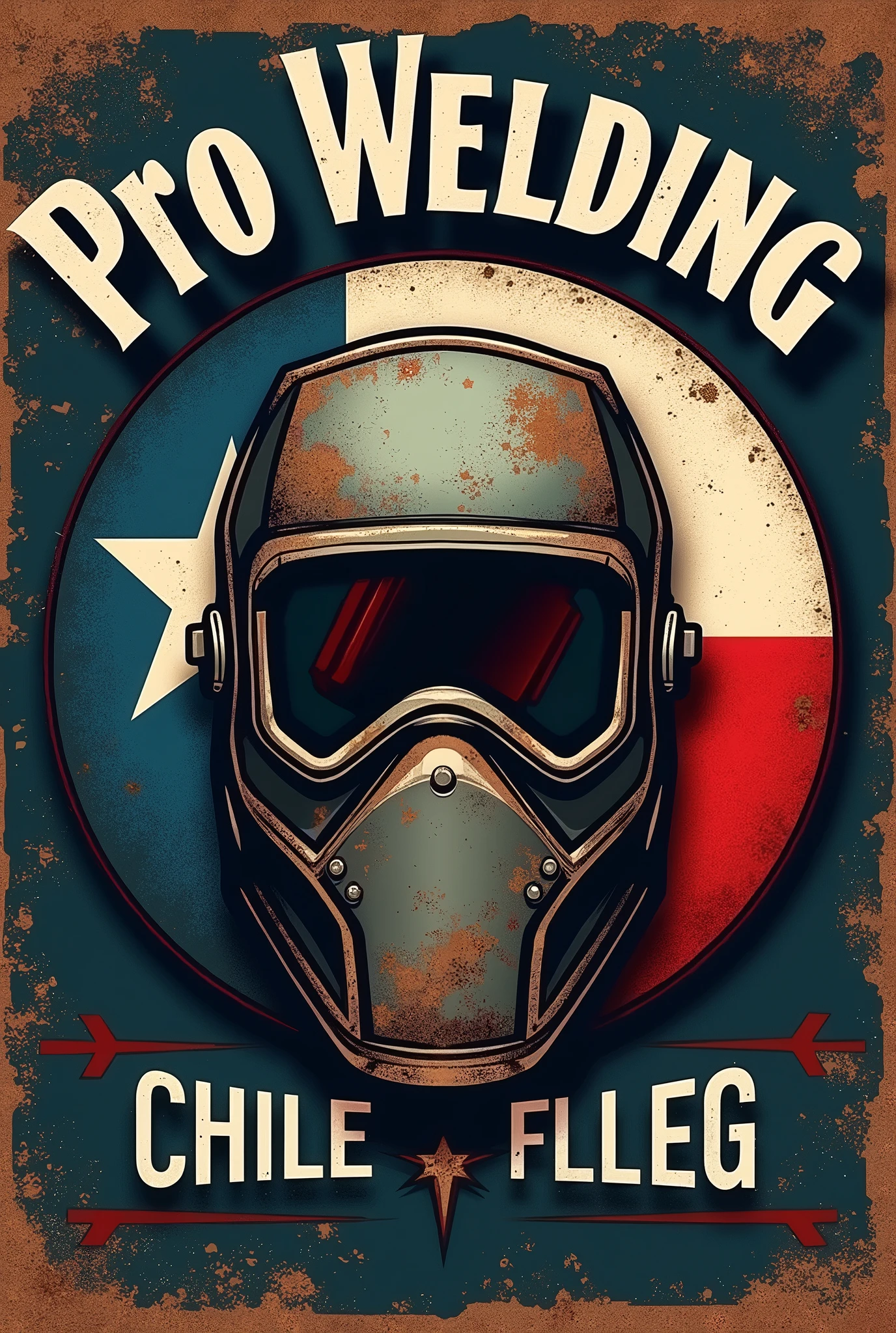 Retro logo, name pro welding, welder mask, mig welding, chilean flag