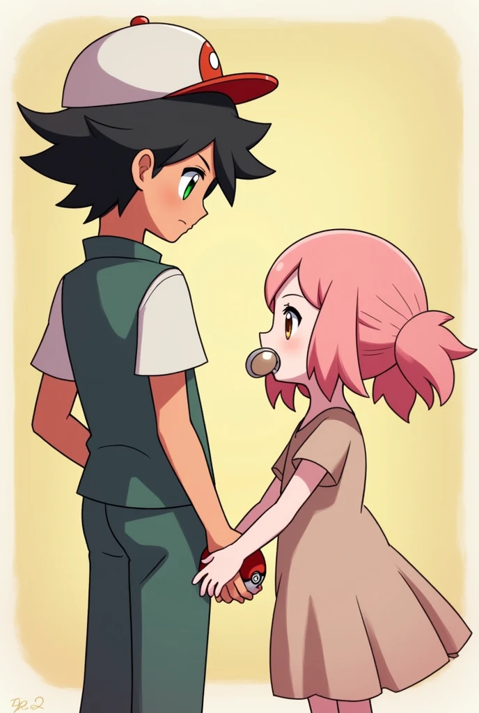 Make a male and a female Pokemon character by mixing Ash&#39;s image and Misty&#39;s image.
To the child ,Put a hat on him/her.. May your hair be black with orange.Add a pokeball to the boy.
May your eyes be GREEN.
The girl is 3 years old,Her eyes are brown and her hair is pastel pink. ,wears a dress and carries a pacifier.
The girl has two low pigtails made that they are posing for the photo.
