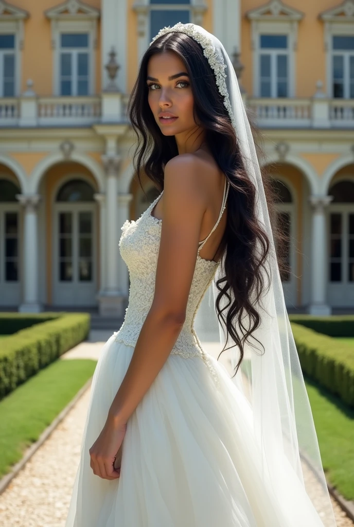Beautiful Italian, 22 years old, long black hair and light blue eyes. She is wearing an old wedding dress with a white veil. behind her a luxurious mansion in Italy. The expression on his arrogant face, highlighted by his blue eyes