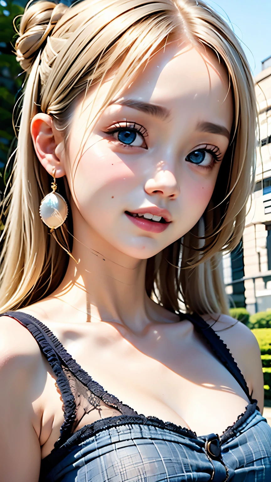 cute, (Ash Blonde Hair), ((Hair Bun)), Perfect Face, An innocent smile, Upper Body,(blue eyes), (Yan), (small), (thin), ((small胸)), ((Only )), Skin dentition, Very detailed, Attractive oval face, Red lips, pink, Glowing Skin, Thin Hair, Face Focus, Chest close-up, Gorgeous hair ornament, Gold earrings, ((1 person)), Embarrassed expression,