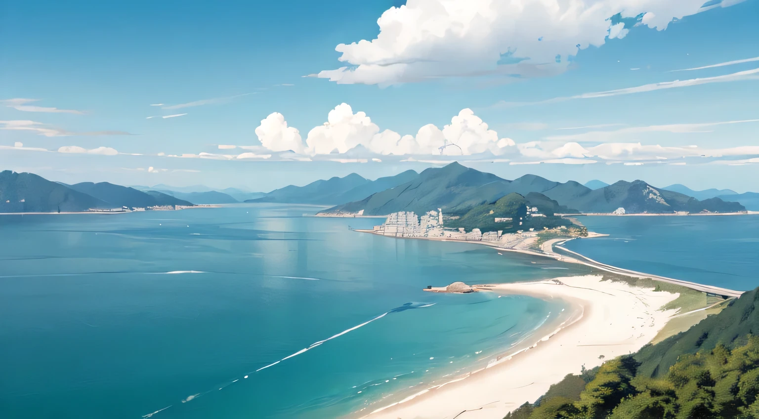 The calm waters of the Seto Inland Sea, An isolated island is visible in the distance