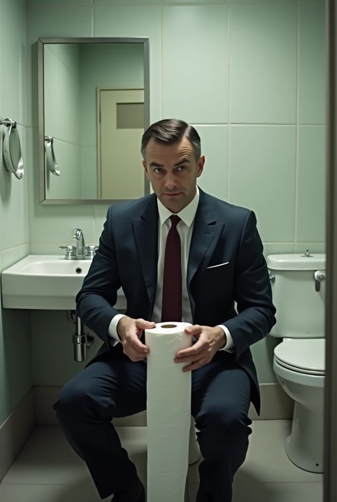 Businessman in bathroom with toilet paper