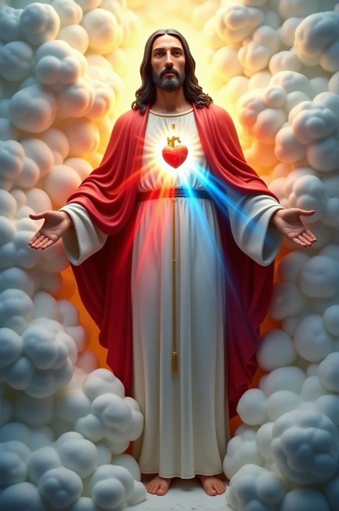 3d resin image of Jesus, wearing a red cloak and white tunic, with his heart visible from which blue and red rays come out, he has straight black hair, a serene, calm and compassionate expression,
with a soft and masculine face and peaceful countenance, reflecting his loving nature, he is barefoot and has clouds surrounding him, his entire body.