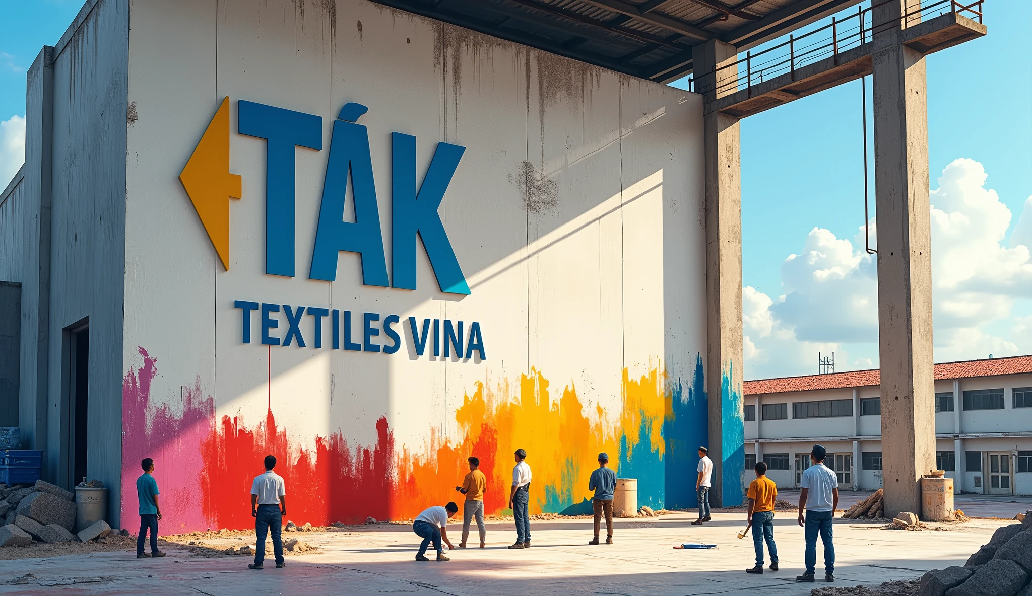 Vietnamese people painting the walls of a large factory building. The TAK TEXTILES VINA logo is painted on the wall. Building a sewing factory. 
