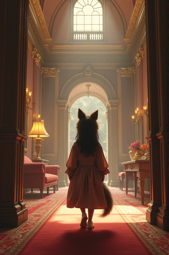 18 year old girl wearing a wolf costume with ears inside a large luxurious mansion