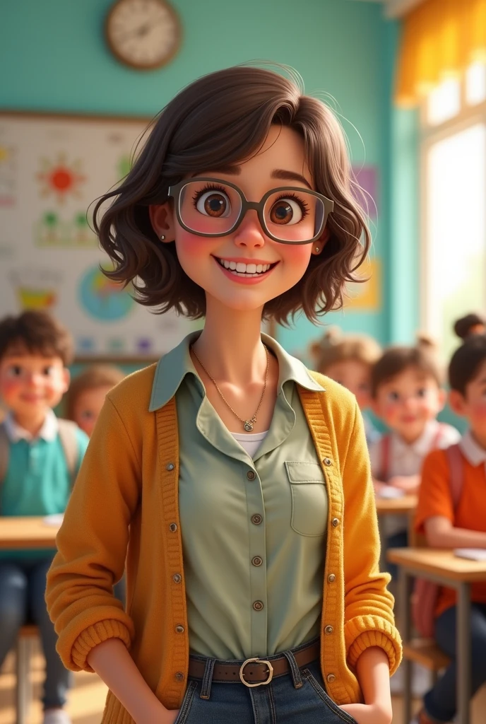 A teacher with short brunette wavy hair that wears big round metallic glasses