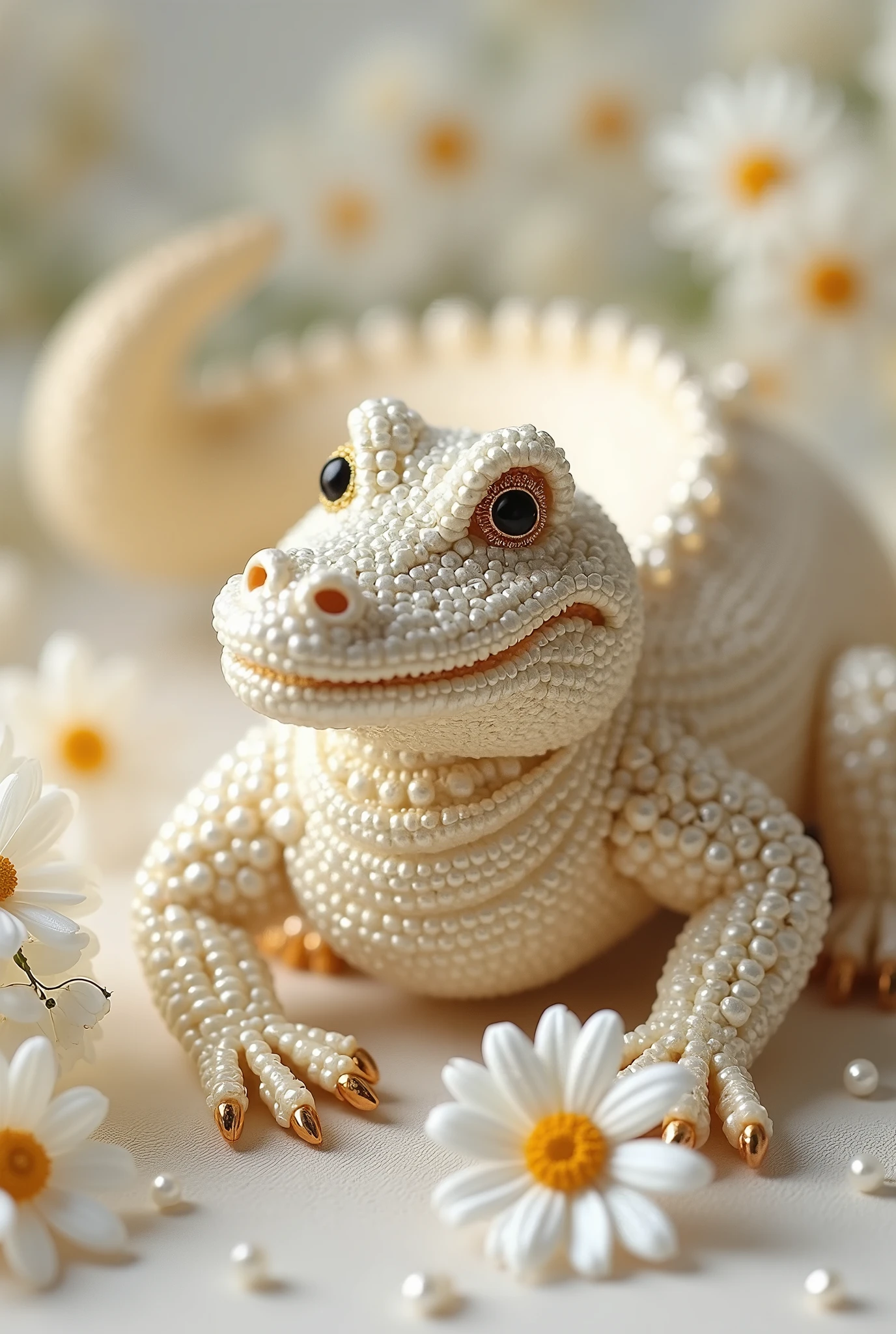 Crocodile animal in pearly white and pearly gold Czech glass seed bead. high quality. 8k resolution. Decorated around with daisies and a few scattered pearls.