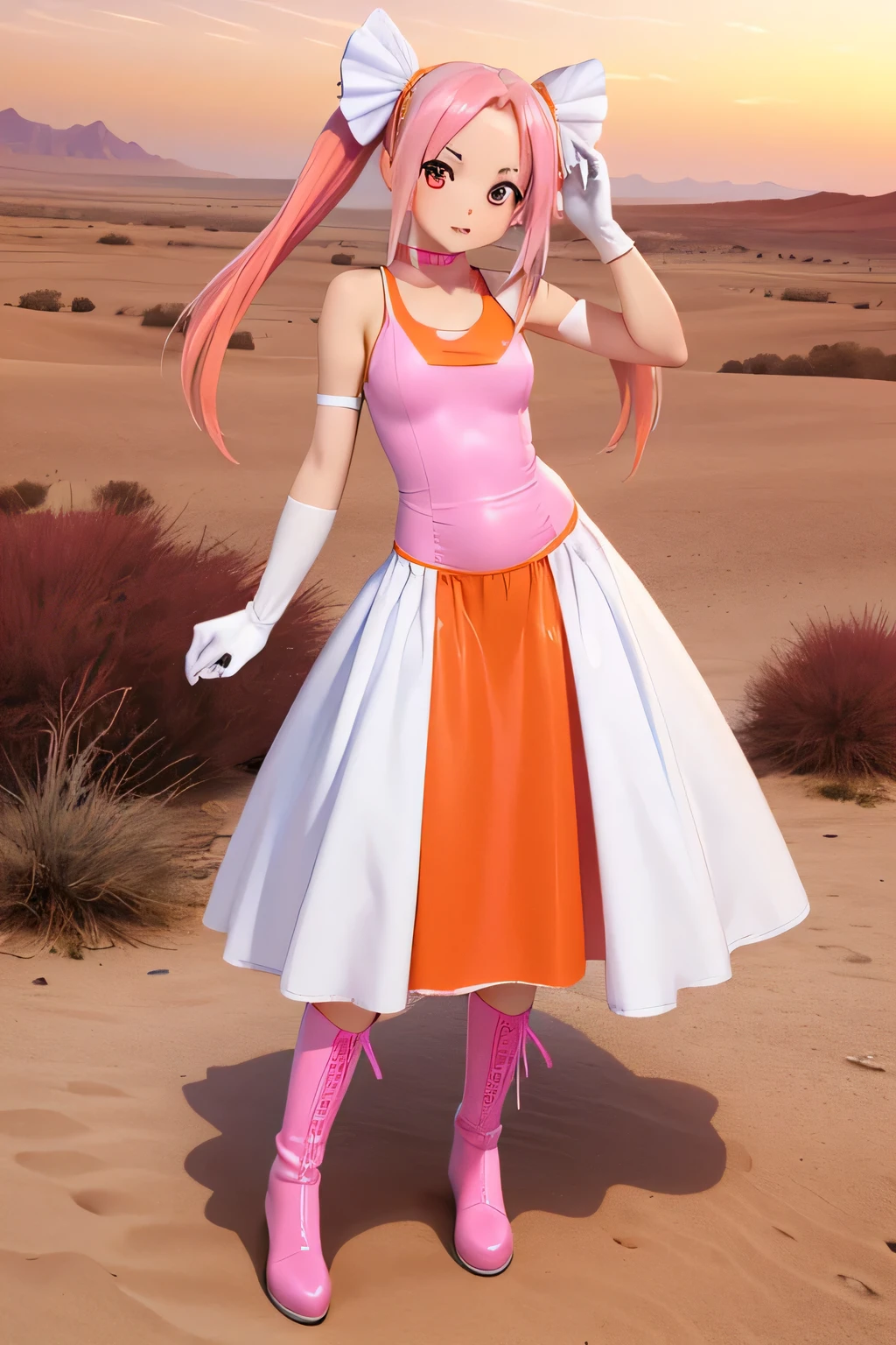 Highest quality,Highest Resolution,(((Orange one piece dress　Long skirt　Silver Boots　White Opera Gloves　pink hair　Pink Hair))) Metal Max 2:Reloaded　solo　Twin tails　Red Eye　Slender　18-year-old　end of the century　desert　wilderness　ruins