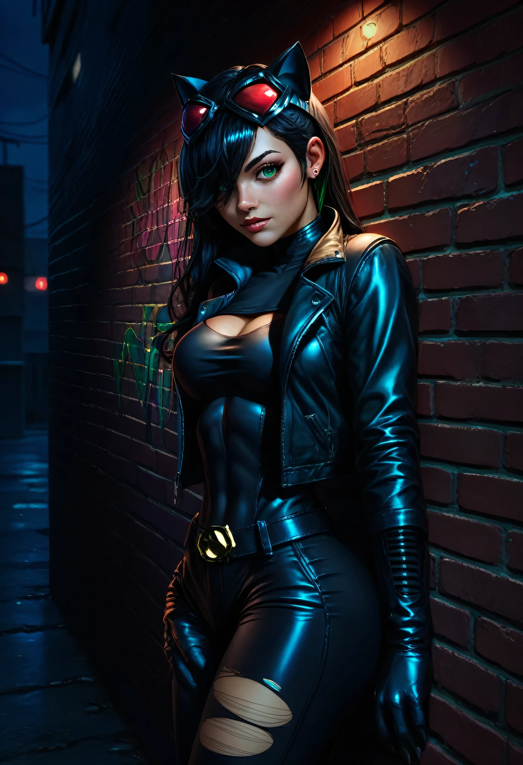 score_9, score_8_up, score_7_up, detailed, 1girl, Catwoman , dc comics character , sexy k solo, intricate details, chromatic aberration, realistic, long hair, black hair, cat ears head ornament, vivid colors highlights, hair over one eye, green eyes, earrings, sharp eyes, choker, vivid neon colors, torn legwear, open jacket, turtleneck sweater, night,against wall, brick wall, graffiti, dim lighting, alley, looking at viewer