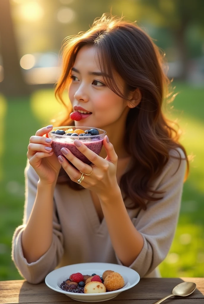 Beautiful woman aged 25 to 35, in park, salmonete, chestnut hair, brown eye eating acai with sweets Satellite image, backlighting, ultra HD, high qualiy, best qualityer, high resolution, 8k, 16K
