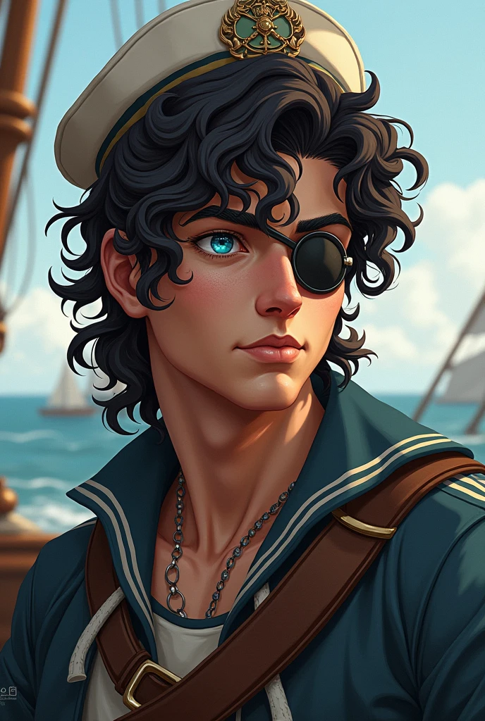 Imagine a 23 year old sailor with a curly mullet hairstyle. The hair in the back is longer and curlier., while the front part is shorter. He is wearing an eyepatch over his right eye, giving it an air of mystery and adventure. His remaining eyes are an intense blue., shining with a vibrant hue. The sailor may be wearing a typical sailor uniform, with a striped shirt and a sailor hat, to complete the nautical look.
realistic styling