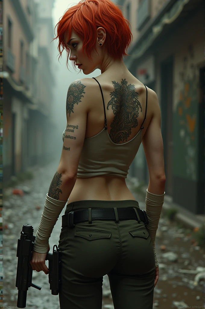 crime novel character red-haired woman, with large tattoo on the back, thin with a gun, short hair, bandage on the hands with a tank top and military pants and a gun on one side, smooth fur, pale