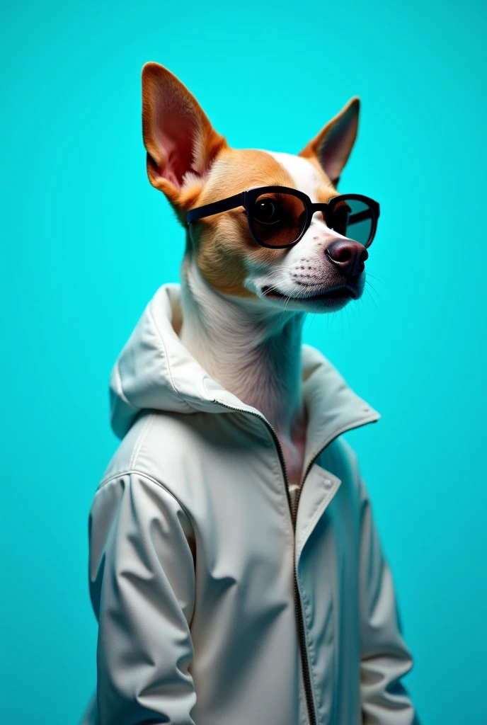 The best cell phone wallpaper, Award-Winning Wallpaper, portrait photography, In the front view is a portrait of a cute dog wearing mid-1960s space age fashion, Side view photo, Shot with Canon EOS R5, Set a strong contrast that accentuates the subject, Fluorescent blue tone, Wearing a very modern coat and sunglasses is a modern 1960s style, Clothes all in one color, beautiful background