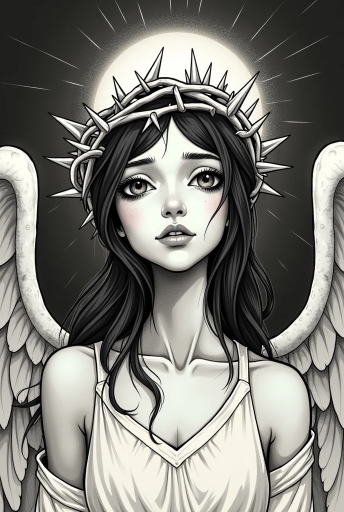 Tattoo style drawing of an angel wearing a crown of thorns 
