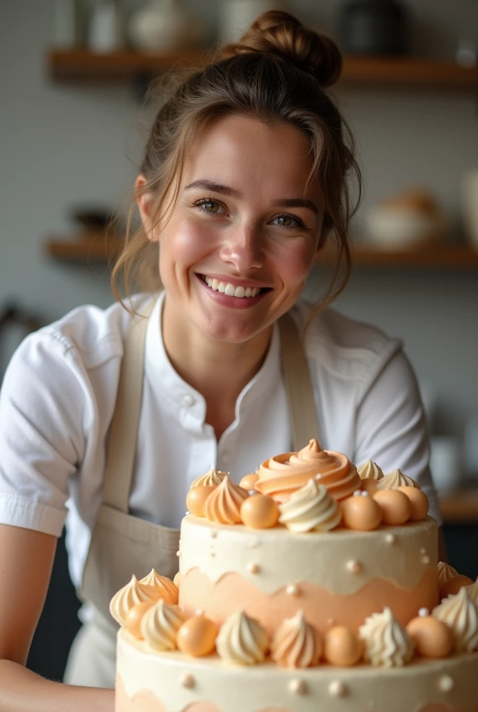 Final image of a beautiful finished cake or dessert, decorated with style. Person (if it appears) shows satisfaction and pride for the work accomplished.