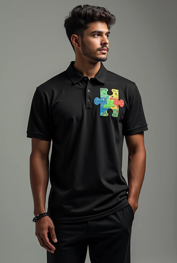 Crie uma blusa preta gola polo, com o simbolo do autismo no peito colorido , e nas costas uma arte com o tema autismo