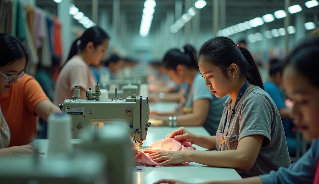 Vietnamese. Make a photo of 20 women working inside a garment factory.Employees running sewing machines. wide angle lens.