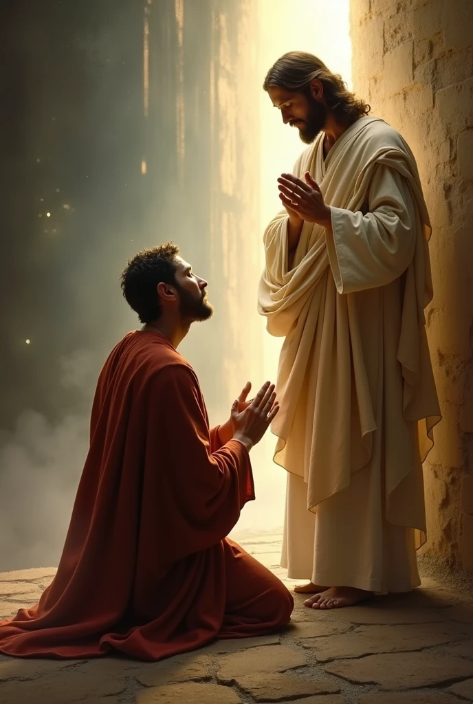 Um homem orando e Jesus ao seu lado 