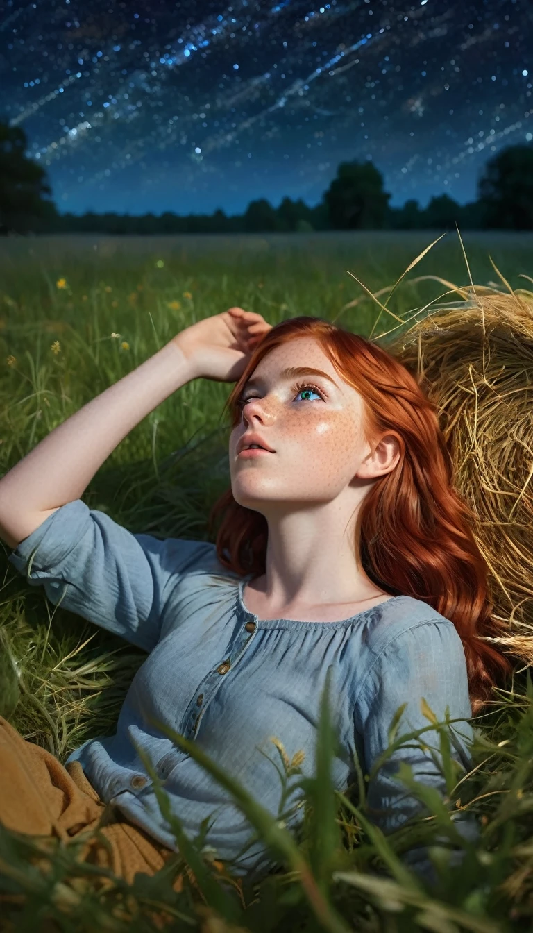 Profile angle shot, A tomboy redhead girl with freckles and big blue eyes, lying in a meadow with her hands under her head, holding a large blade of hay in her mouth, gazing at the starry sky, dreamy atmosphere, (best quality,4k,8k,highres,masterpiece:1.2),ultra-detailed,(realistic,photorealistic,photo-realistic:1.37),vibrant colors,cinematic lighting,intricate detail,ethereal,digital art, visible night sky