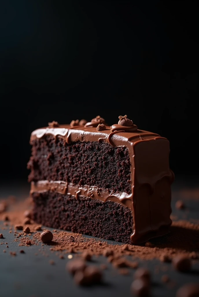 cinematic film still chocolate, chocolate cake, dark background, quality photo, moist texture, frosting, studio photo, slice . shallow depth of field, vignette, highly detailed, high budget, bokeh, cinemascope, moody, epic, gorgeous, film grain, grainy