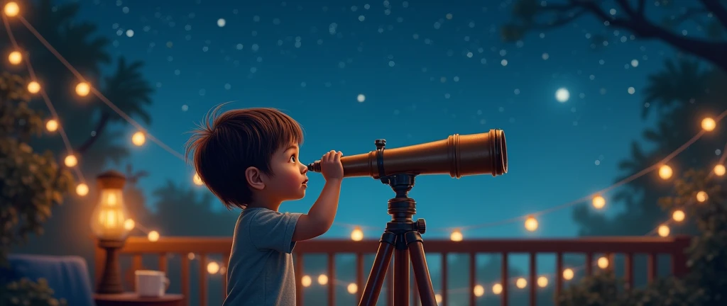 a  looking through a telescope at the stars and planets where one can see the world he imagines to escape his reality