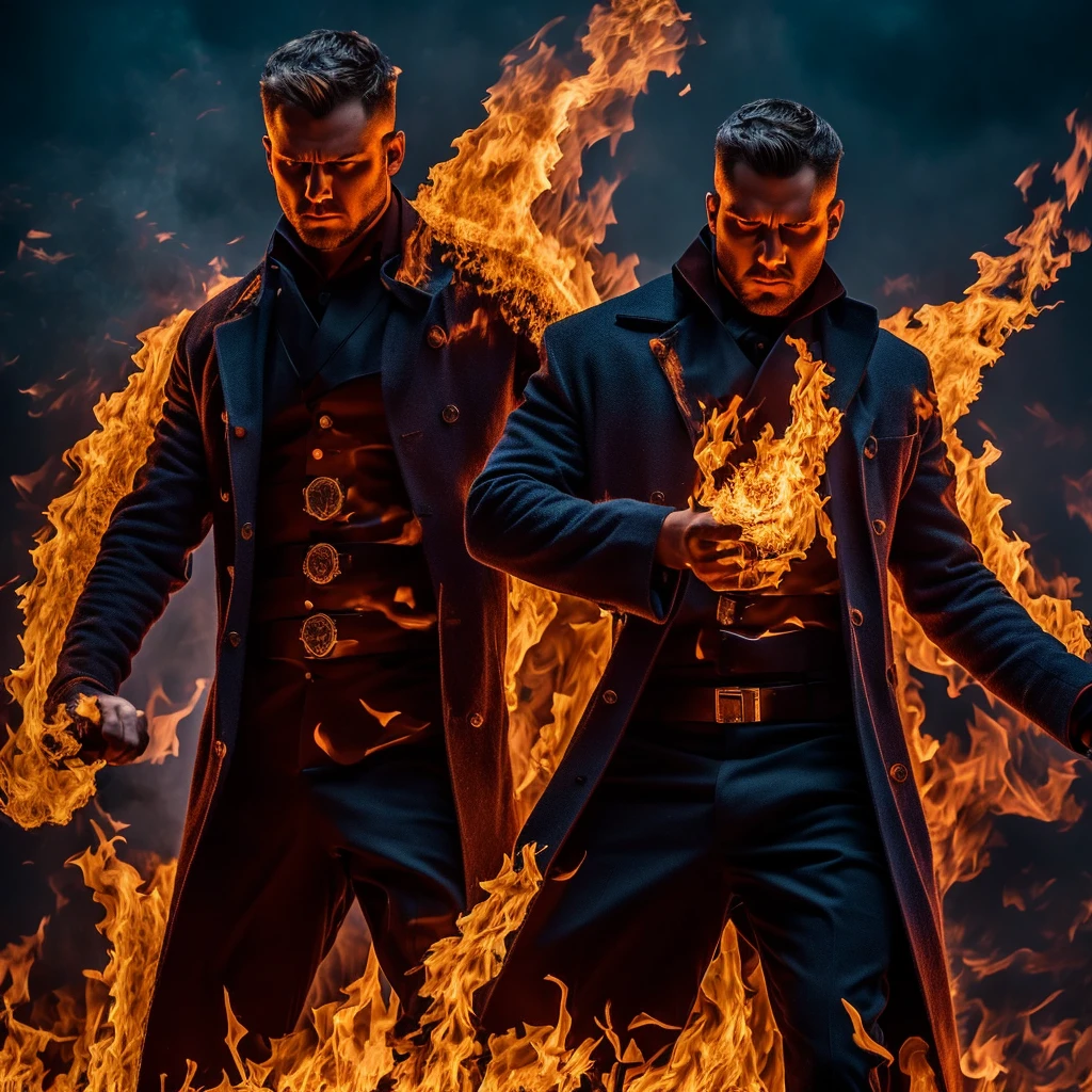 Create an image of a man with fire powers, where your body is engulfed in flames. Flames should be predominantly blue, conveying a sense of intense power and total control over fire. The man must appear strong and imposing, with a focused and determined expression