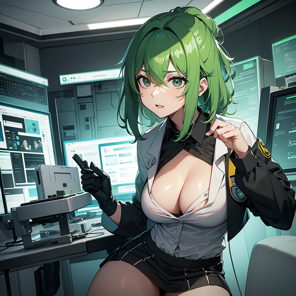 A female scientist with green hair and black eyes, unkempt appearance, wearing a skirt and blouse that exposes her breasts, in a laboratory setting