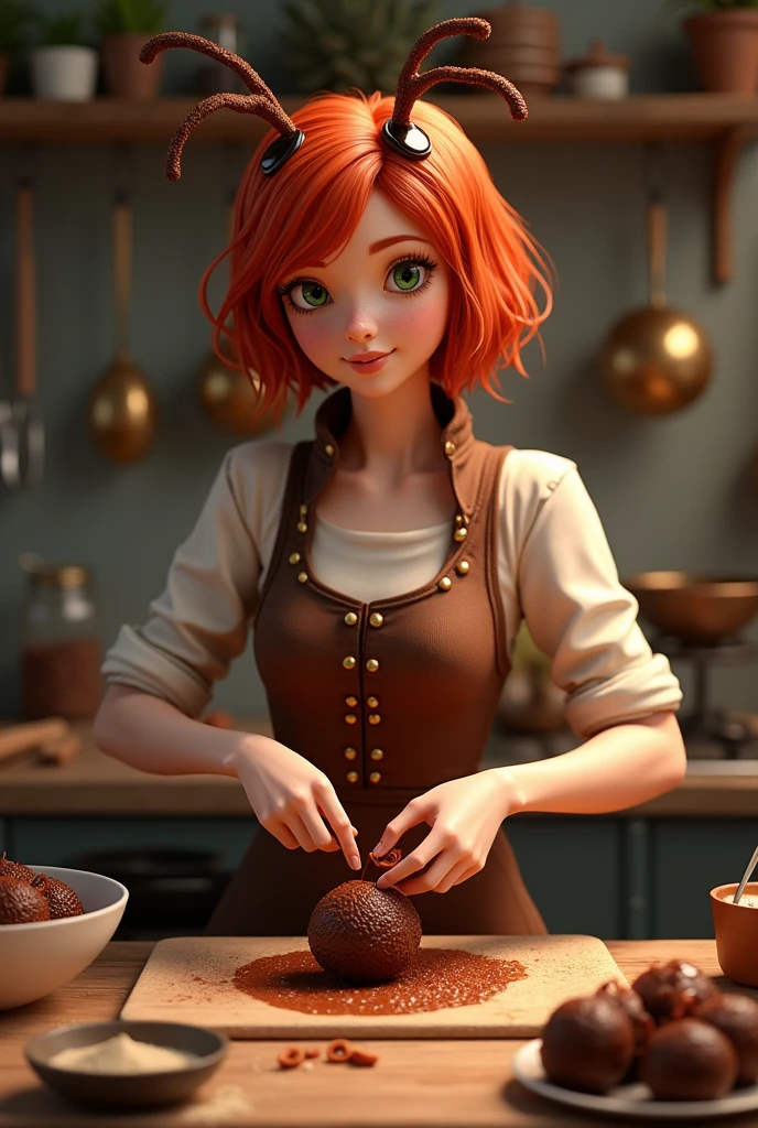 A female confectioner, with red hair and green eyes, dressed as an ant making brigadeiro