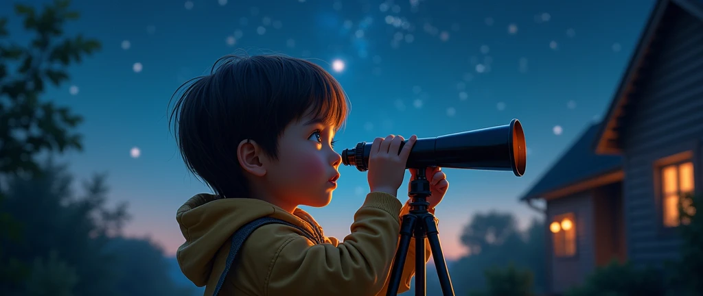 a child looking through a telescope at the stars and planets where one can see the world he imagines to escape his reality