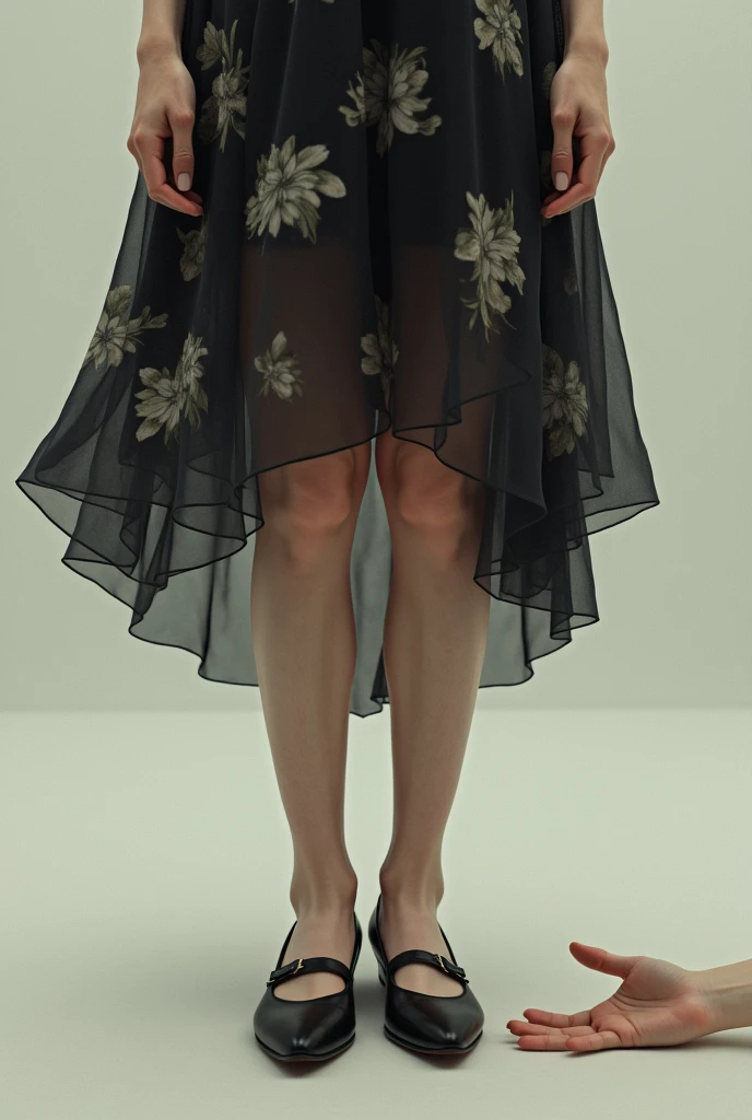 legs of a woman facing forward, with dark low-heeled heels, with a flowery dress down to the legs, In front of the feet there is only one human hand, lying on the ground