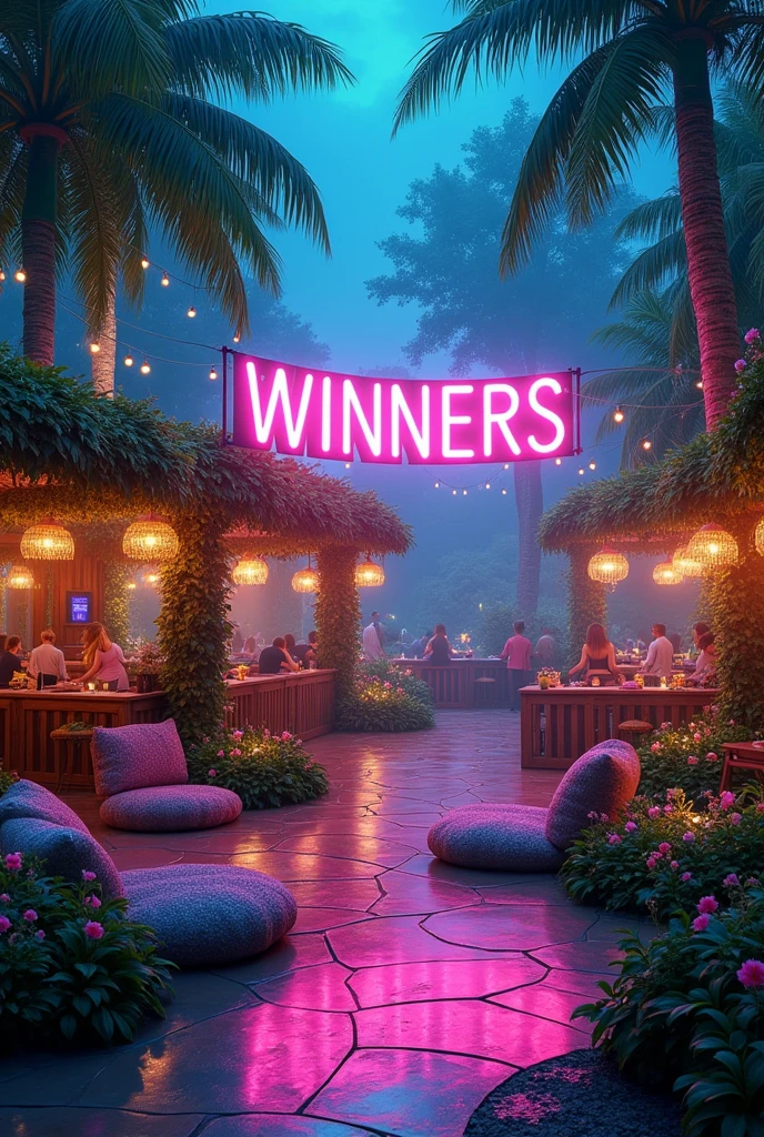 Have a realistic party in Pixie Hollow&#39;s enchanted garden (the world of tinkwr bell) e que mostre todo ambiente featuring a temática [holographic] middle [y2k], [rustic], featuring [flowers] and details [blues and greens]. Que mostre desde da entrada até o middle da festa, all locations. It&#39;s a little party more [casual], a little [Simpler] and in a very large garden, opened, featuring flowers (not exaggerated) and at night! has a huge dance floor, a bar away and cushions to rest if needed. There are lights that go around the whole party and everything, embora rustic, has a very technological charm! have a neon panel [Pink] Written "winners"
