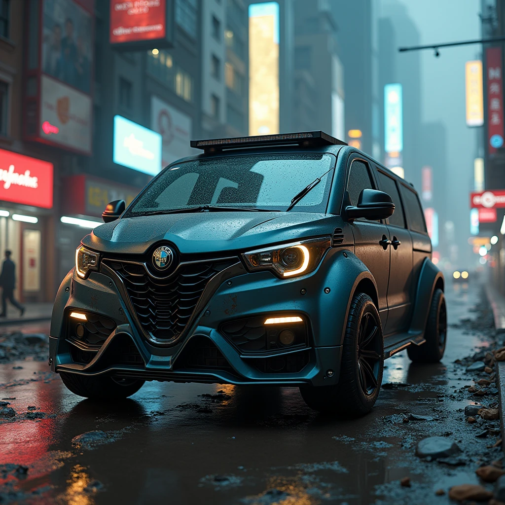 Cyberpunk Alfa Romeo Armored Van、Shallow depth of field、(masterpiece:1.3) (最high quality:1.2) (high quality:1.1)、Cinematic Light, ((Cinema Lighting),(Natural light),(High level of artistry),(artistic),(Indistinguishable quality from the real thing),RAW Photos,Genuine,Genuine,High resolution,RAW Photos,masterpiece, beautiful,